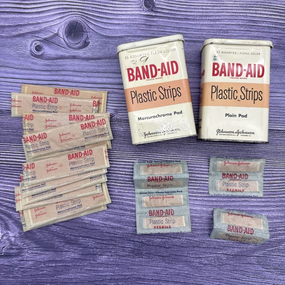2 VTG Band-Aid Tin Metal Box Flesh Color PLASTIC STRIPS INSIDE Mercurochrome Pad